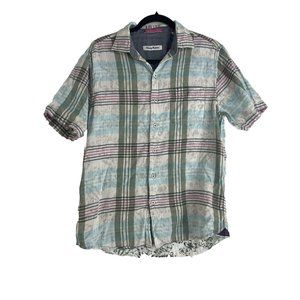 Tommy Bahama Men's Hawaiian Shirt Floral Plaid Cotton Gray Blue Purple Small EUC